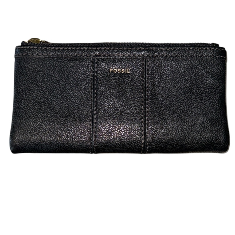 FOSSIL ELLA BLACK LEATHER BIFOLD ZIPPER POCKET WALLET